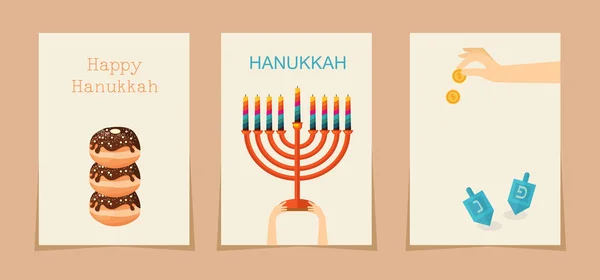 Judiska högtiden hanukkah tre kort. Hebreiska bokstäver på en Hanukkah dreidel, som står för fras, ett stort mirakel hände här — Stock vektor