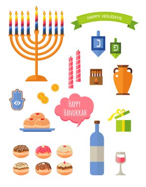 Çeşitli semboller ve maddeleri hanukkah kutlama düz simgelerin izole vektör çizim ayarlayın. Hanuka topaç, ifade için standı, İbranice harfler büyük bir mucize olduğunu
