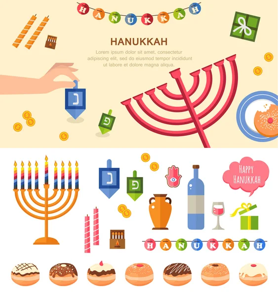 Vari simboli e oggetti di Hanukkah celebrazione icone piatte impostare isolato vettoriale illustrazione lettere ebraiche su un Hanukkah dreidel, che stanno per la frase, Un grande miracolo è accaduto qui — Vettoriale Stock