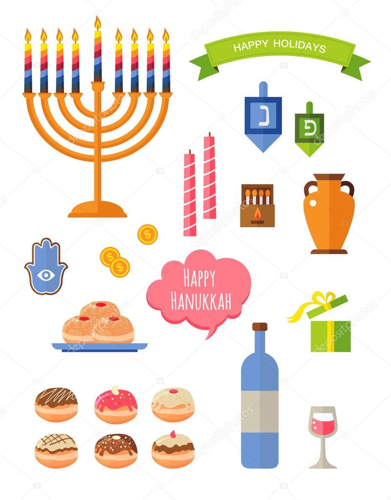 Various symbols and items of hanukkah celebration flat icons set isolated vector illustration. Hebrew letters on a Hanukkah dreidel, which stand for the phrase, A great miracle happened here