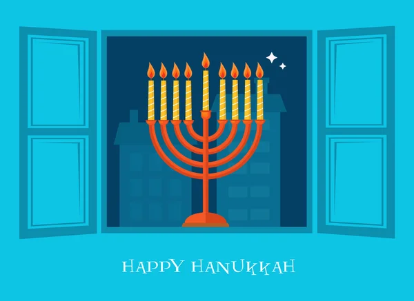 Gece şehir manzaralı açık pencerenin Hanukkah menorah ile — Stok Vektör