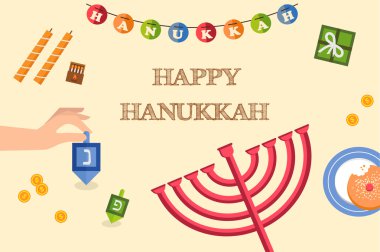 Çeşitli semboller ve ifade için stand maddeleri hanukkah kutlama Hanuka topaç üzerinde izole vektör çizim İbranice harfler düz Icons set, burada büyük bir mucize oldu