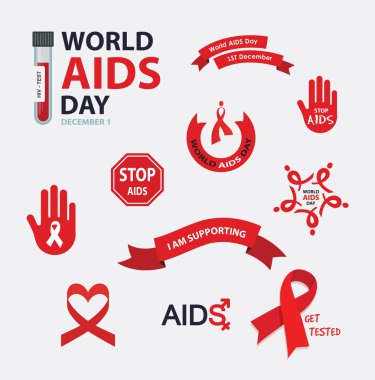 AIDS, vektör rozetleri koleksiyon. Vektör kümesi. Durdur AIDS işaretleri küme. AIDS kırmızı kurdele. AIDS logo toplama.
