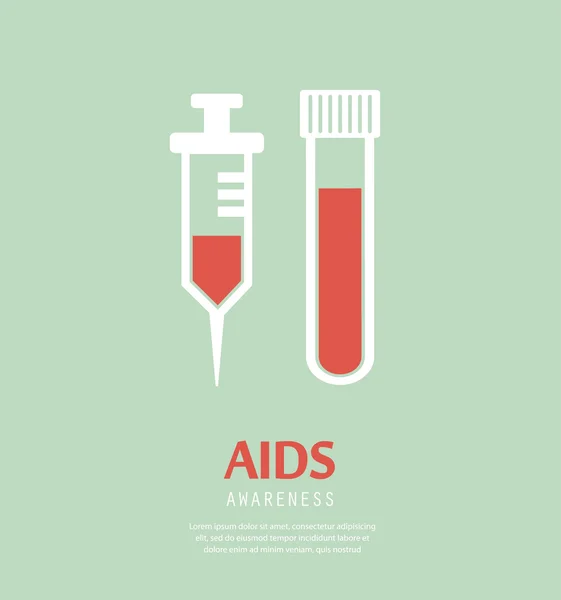 Fecskendő injekciós- és vérvizsgálat zöld cső lapos ikonra. Az Aids világnapja — Stock Vector