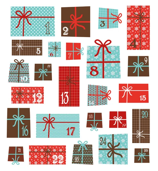 Advent calendar.Colección de cajas regalo de Navidad de colores vectoriales. Patrón de vacaciones sin costuras. advenimiento calendario — Vector de stock