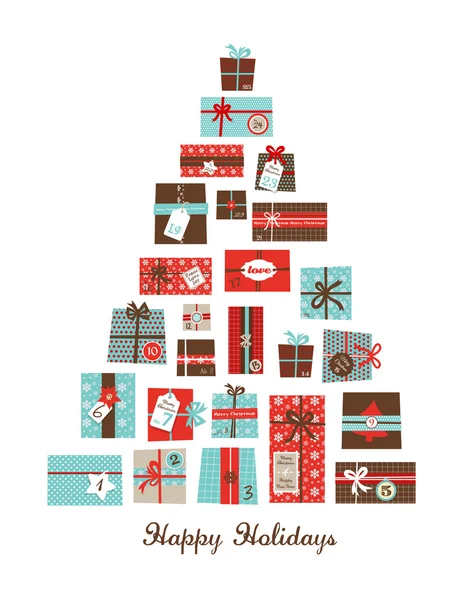Cadeaux de Noël disposés comme un arbre saisonnier. Calendrier de l'Avent de Noël — Image vectorielle