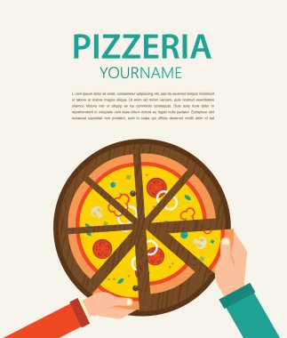 Pizzacı el ilanı... İnsanlar, birlikte yemek ve büyük bir pizza paylaşımı eller görünüm top.