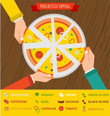 Pizza gece davet. İnsanlar, birlikte yemek ve büyük bir pizza paylaşımı eller görünüm top.