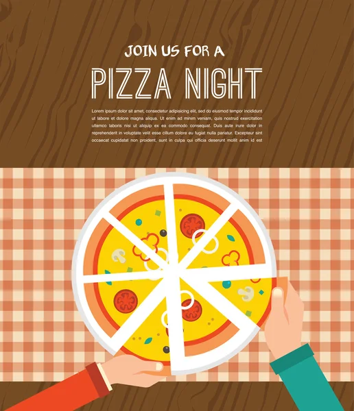 Invitación a la noche de pizza. Gente cenando juntos y compartiendo una pizza enorme, con las manos arriba — Vector de stock