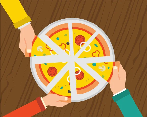 Gente cenando juntos y compartiendo una pizza enorme, con las manos arriba — Vector de stock