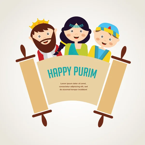 Kids wearing costumes from Purim story. arranged around torah — Stock Vector