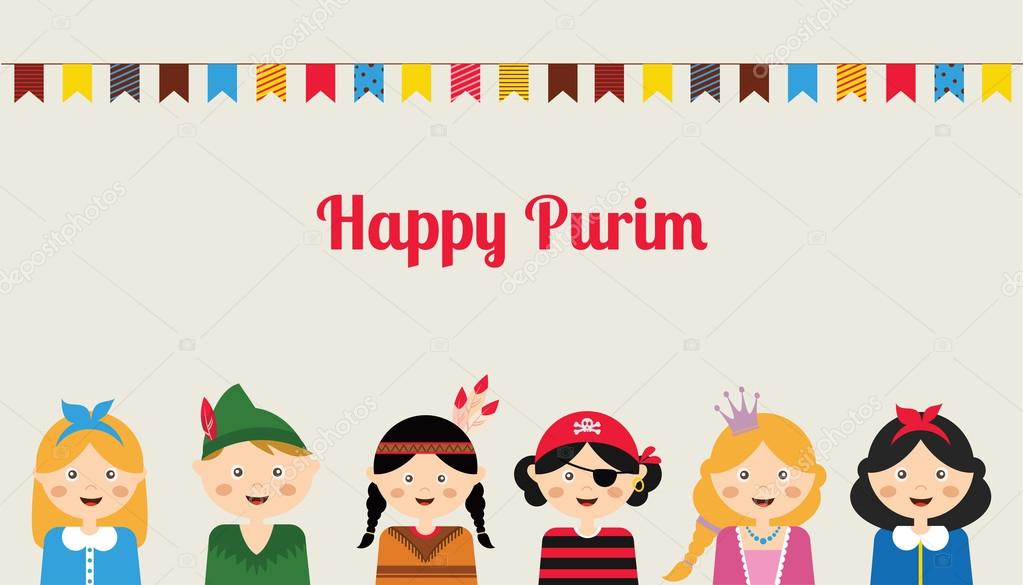 Happy jewish children in fancy dress Enjoy Purim