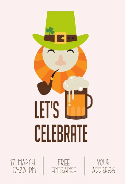 Kartun lucu leprechaun dengan bir. Perayaan Hari St. Patricks. Irish pub invitation - Stok Vektor