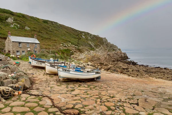 Cornish Fishing Cove Cottage Boats — Fotografia de Stock