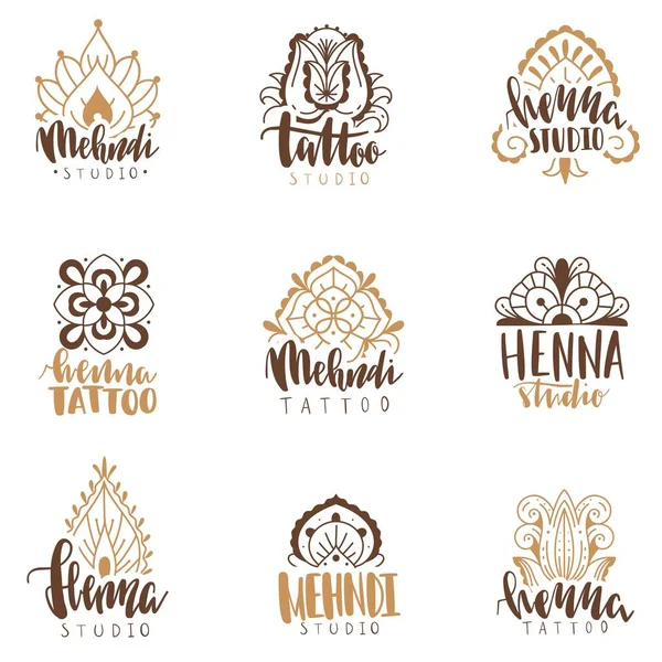 Mehndi beauty salon emblems. Mandala henna tattoo studio, indian ethnic body decoration ornaments logotype collection with hand drawn text, beauty fashion spa logo designs vector set