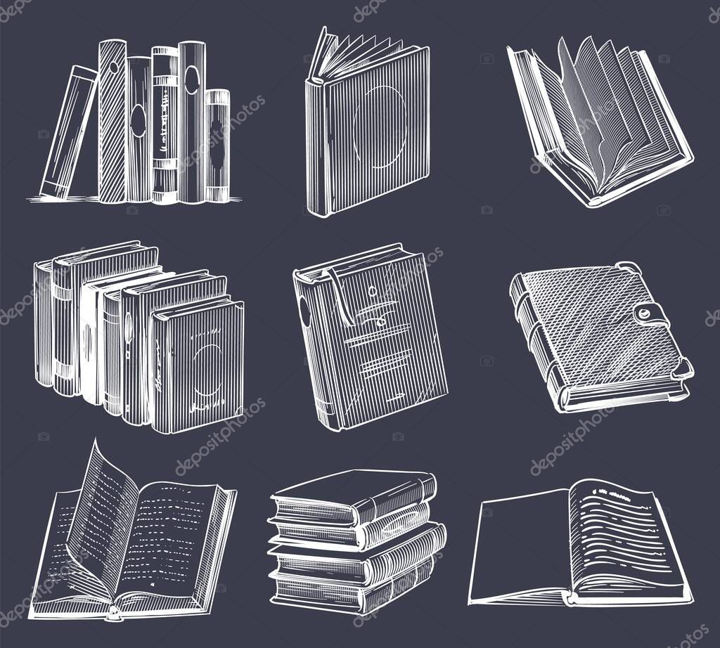 Hand Drawn Retro Book Set Vintage Sketch Notebooks Stack On Bookshelf Open And Close Books In Chalk Drawing Style Library Or Bookstore Collection Vector White Elements Isolated On Black Background Premium Hand Drawn Retro Book Set Vintage Sketch Notebooks Stack On Bookshelf Open And Close Books In Chalk Drawing Style Library Or Bookstore Collection Vector White Elements Isolated On Black Background Premium