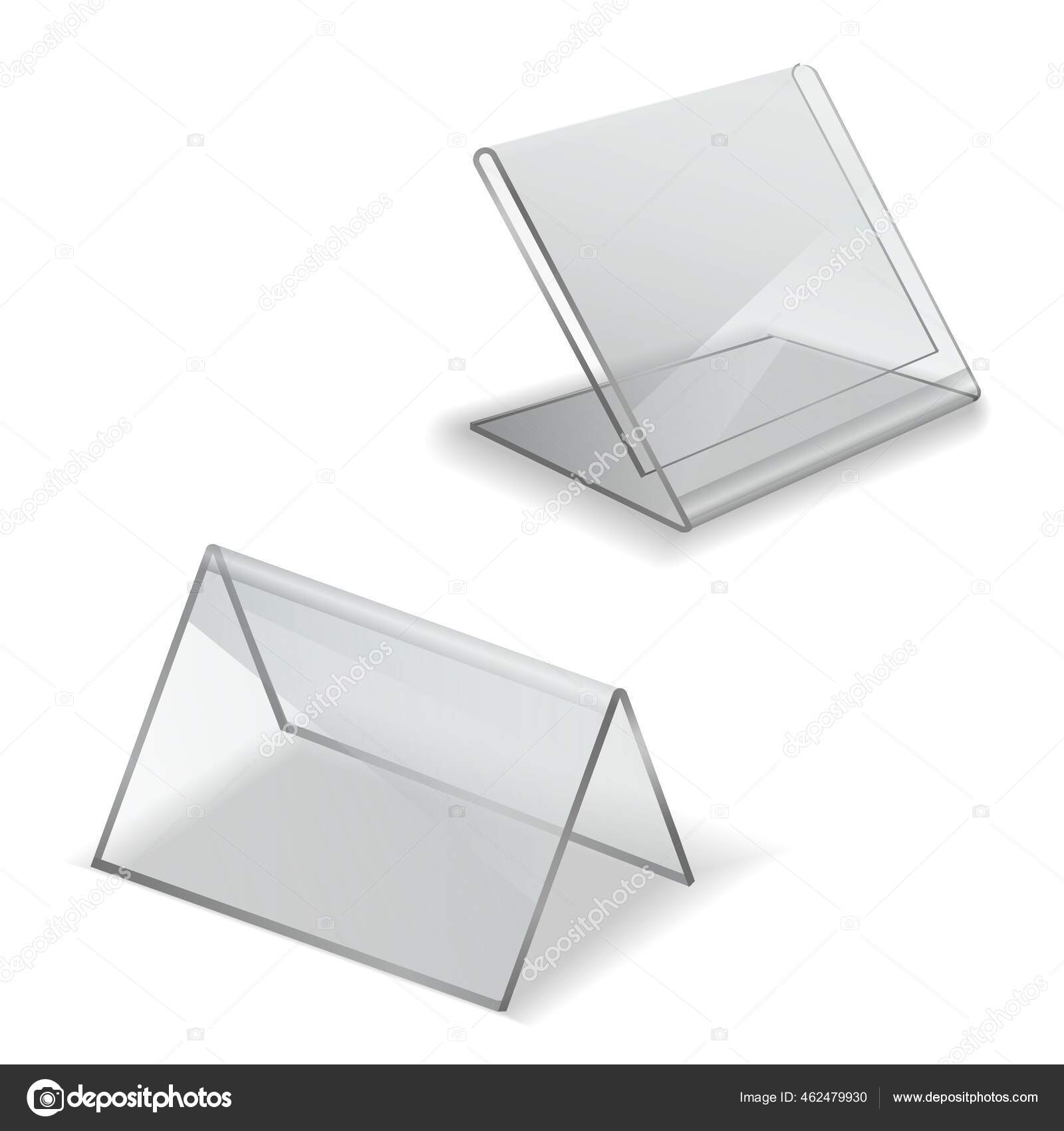 Download Table Display Realistic Empty Holder 3d Plastic Board Name Card For Event Or Retail Price Tag Advertising Badges Mockup Transparent Glass And Acrylic Information Stands Vector Set Stock Vector Royalty Free Vector