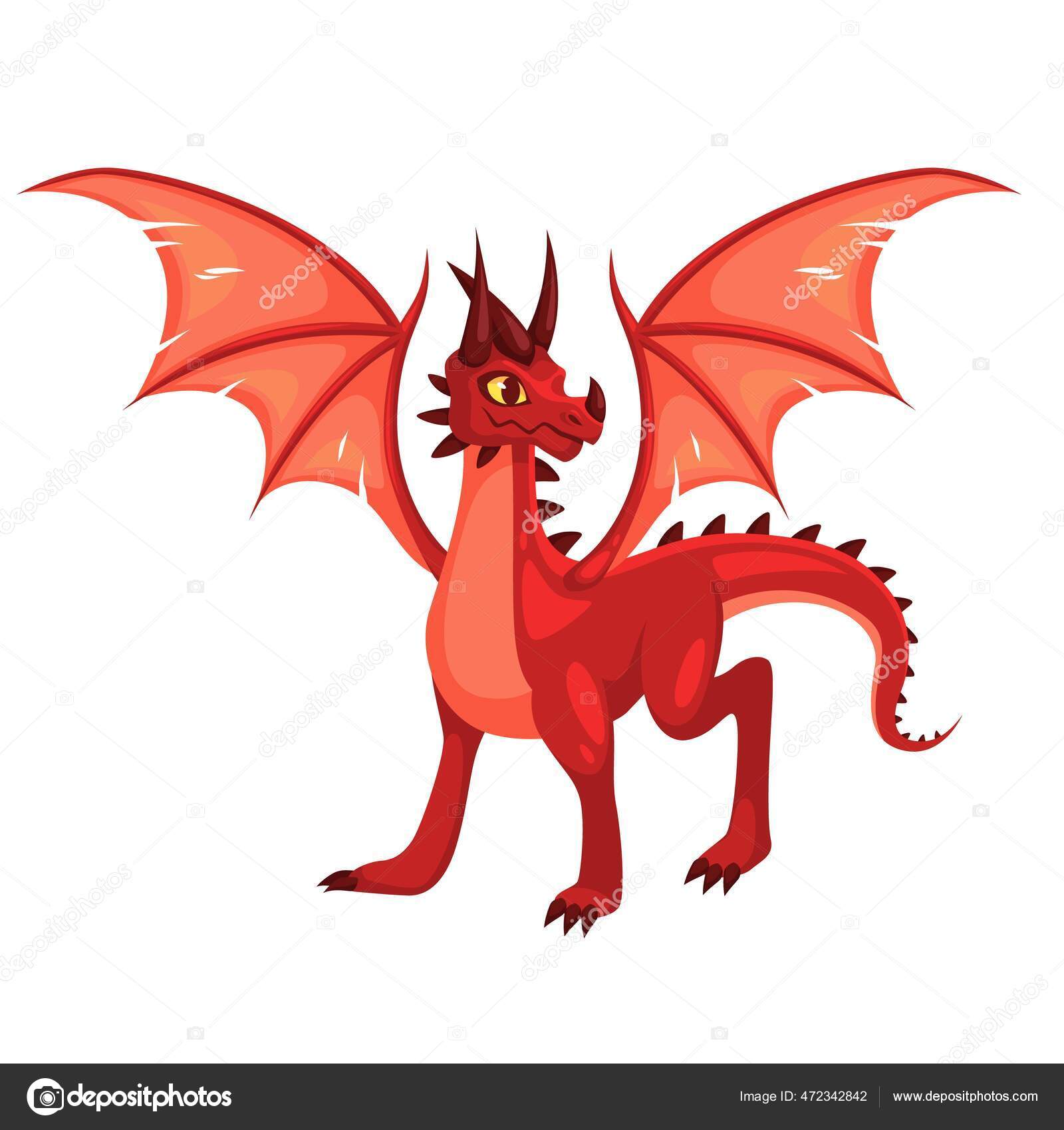 魔法のドラゴン 幻想的なカラフルな翼の赤い生き物 中世の妖精の尾動物 火災神話の爬虫類呼吸 恐竜の飛行 子供の明るいコレクションベクトル漫画イラスト ストックベクター C Yummybuum