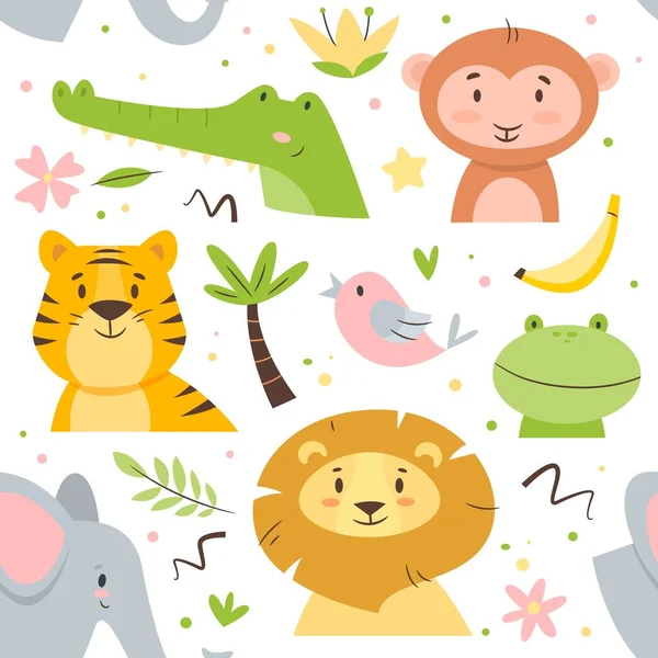 Seamless pattern cute animals. Kids cartoon african fauna characters, birds, mammals and reptiles, flowers and dots. Decor textile, wrapping paper wallpaper vector print or fabric