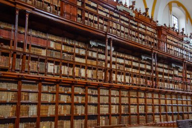 Palafoxiana library of Puebla Mexico, old with wooden furniture and thousands of old books with brown colors, large vaults, clocks and globes, old terraces, shelves and showcases from the 18th century clipart
