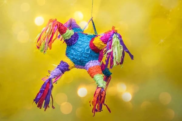 Mexican Pinata Party Hanging Blue Green Background Multicolored Glitters Celebrating — Stock Photo, Image