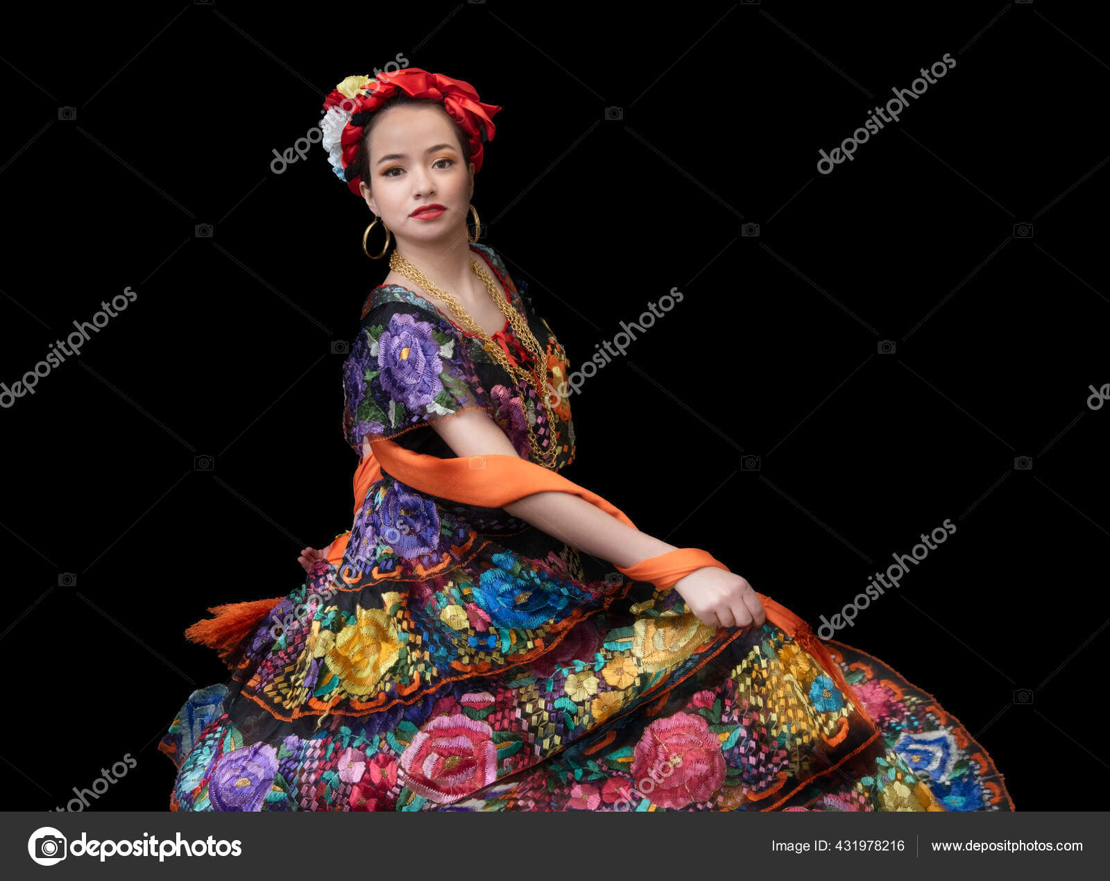 Latin Woman Dressed Chiapas Costume Embroidered Flowers Bow Braid Shawl