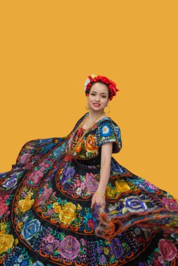 Çiçeklerle işlenmiş bir kostüm, örgü ve şal işlemeli Latin kadın, Meksikalı dansçı, çok renkli geleneksel folklor.
