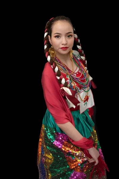 Latin Woman Dressed China Poblana Skirt Embroidered Colored Sequins Red — Stock Photo, Image