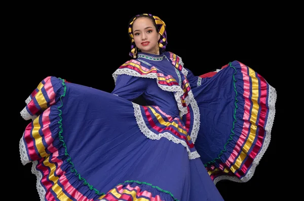 Latin Kvinna Klädd Klänning Från Jalisco Mexiko Lila Skärmytsling Med — Stockfoto