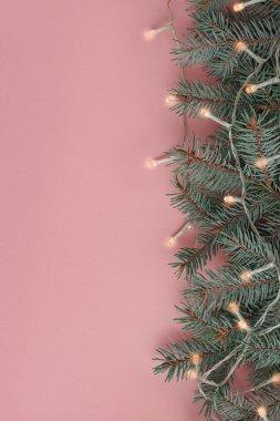 Noel için süslemeler, pembe arka planda köknar dalları. Yukarıdan gelen bulanık ışıklar