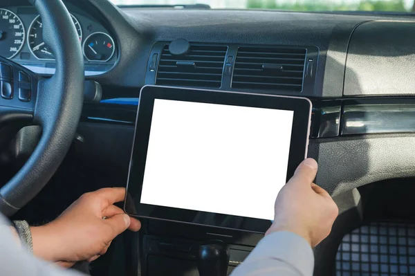 Falsificare Tablet Nel Salone Auto Sullo Sfondo Del Cruscotto — Foto Stock