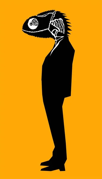 Cartoon Illustration Funny Man Head Chameleon Dressed Black Suit — Stock Vector