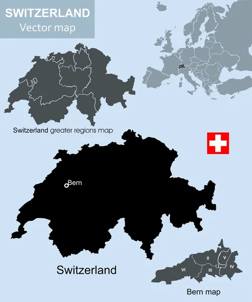 Schweiz större regioner och Bern karta — Stock vektor