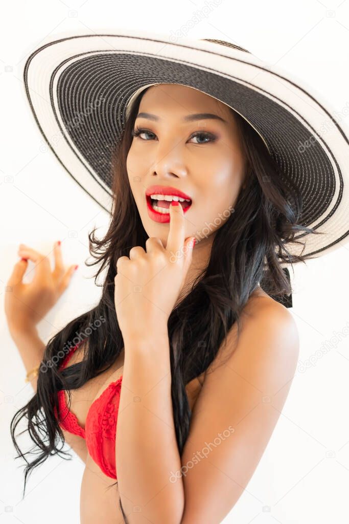 Portrait of a sexy girl with a red lipstick