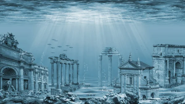 Illustration Ruinen Der Atlantis Zivilisation Ruinen Unter Wasser — Stockfoto