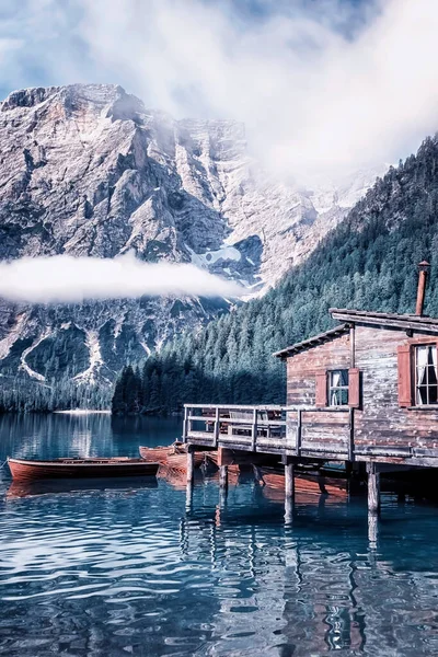 Lago Braies Pragser Wildsee Tirol Sul Itália — Fotografia de Stock