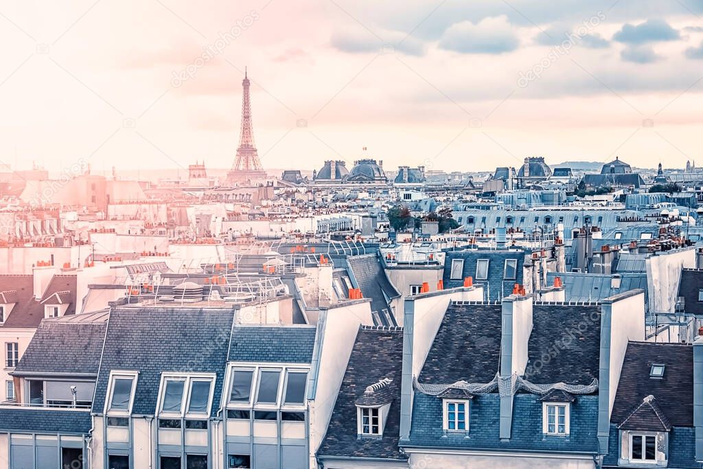 Paris city roofs at sunset