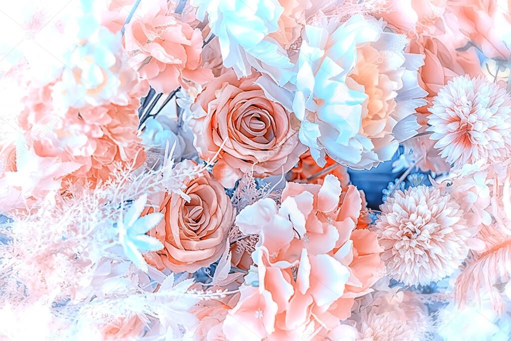 Floral texture background.- Roses, peonies and hydrangeas, artificial flowers.
