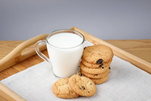 Cup Milk Cookies Raisins Wooden Tray — Stock Photo, Image