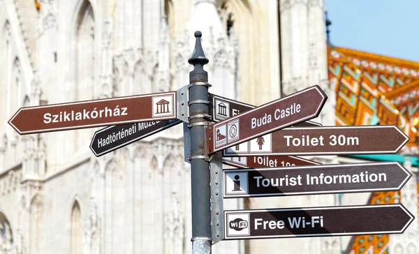 Picture of a cross sign column on an urban street with tourist information