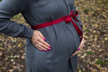 Üçüncü üç aylık dönemde hamile karnının şiştiğinin resmini sonbaharda parkta çek.