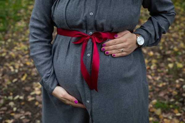 Zbliżenie Zdjęcie Ciężarnych Brzuch Guz Trzecim Trymestrze Zewnątrz Parku Jesienią — Zdjęcie stockowe