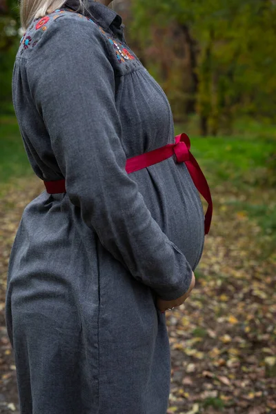 Imagen Primer Plano Barriga Embarazada Tercer Trimestre Aire Libre Parque — Foto de Stock