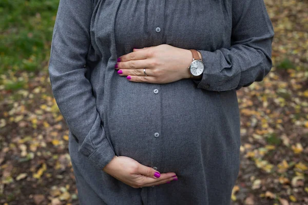 Close Picture Pregnant Belly Bump Third Trimester Outdoor Park Fall — Stock Photo, Image