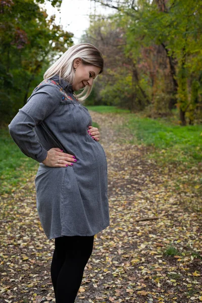 밖에서 가을을 보내는 임산부의 매력적 — 스톡 사진
