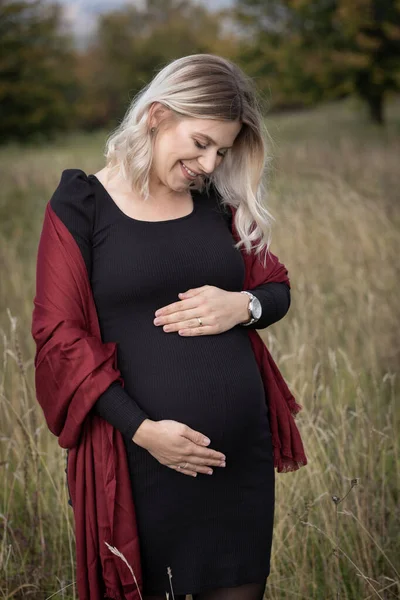 Doğada Poz Veren Siyah Elbiseli Güzel Hamile Bir Kadın — Stok fotoğraf