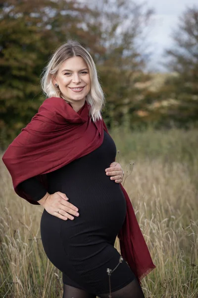 Mulher Grávida Bonita Com Vestido Preto Posando Livre Natureza — Fotografia de Stock