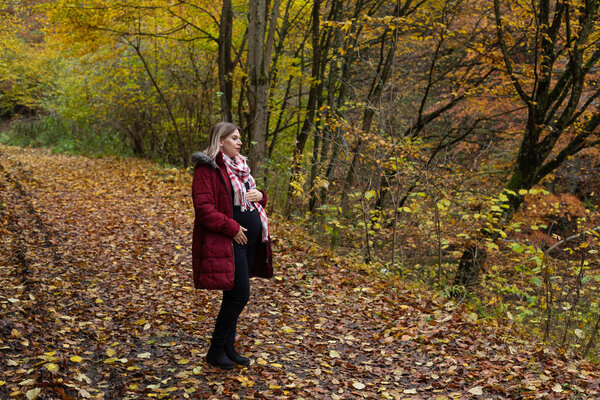 Portrait of cheerful pregnant woman posing outdoor in november, colorful nature in the background