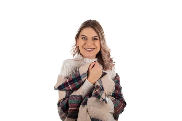 Cheerful Woman Wearing Beige Knitwear Warm Scarf Winter Days Posing — Stock Photo, Image
