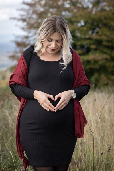 Mulher Grávida Bonita Com Vestido Preto Posando Livre Natureza — Fotografia de Stock